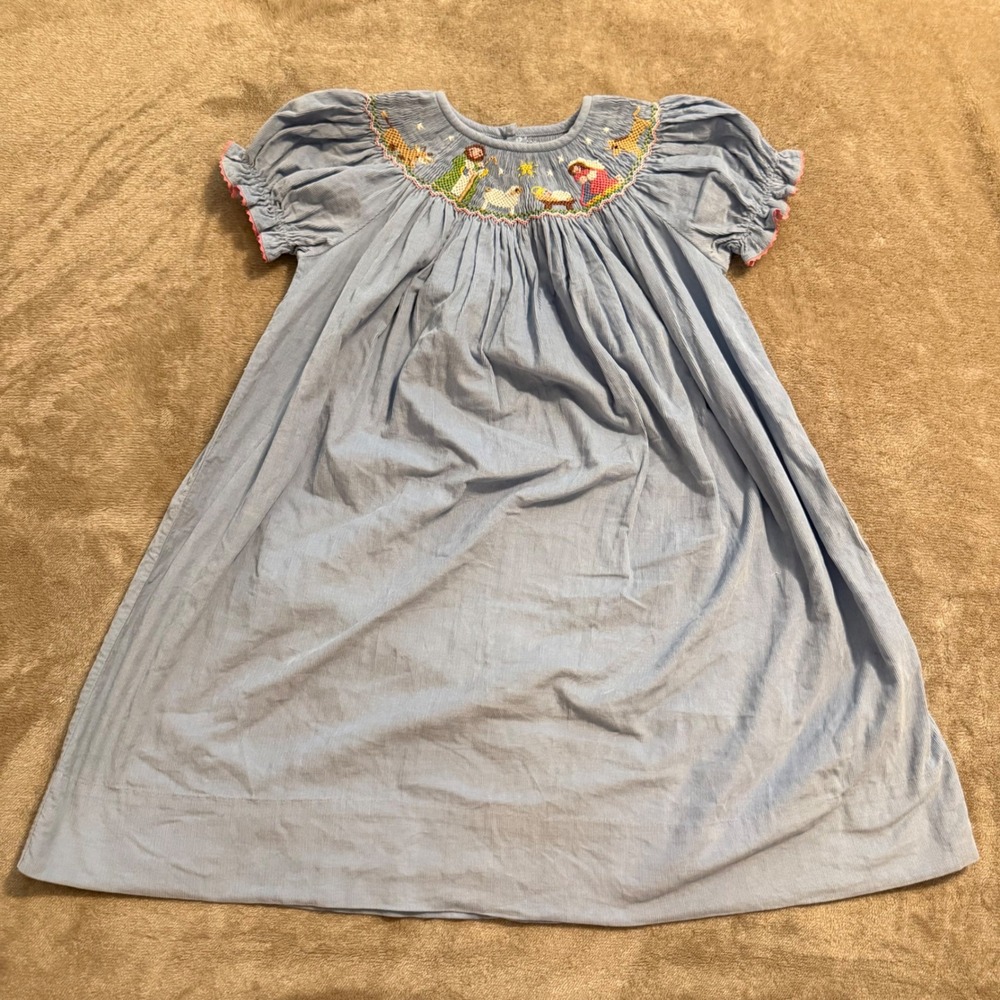 Claire & Charlie Girls 4T Blue Corduroy Nativity Hand Smocked Christmas Dress
